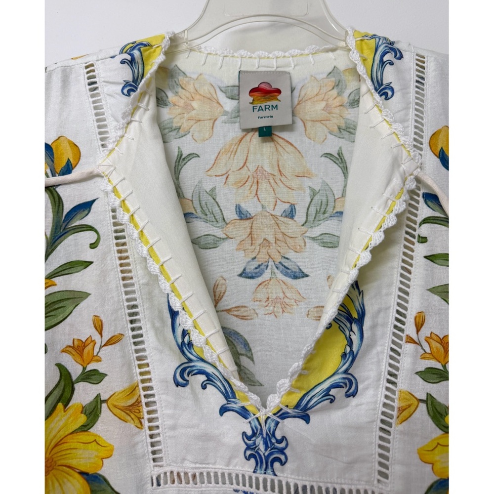 Farm Rio Sicily Scarf Lemon Print Mini Dress Yellow Fruit Floral Linen L - Picture 5 of 16